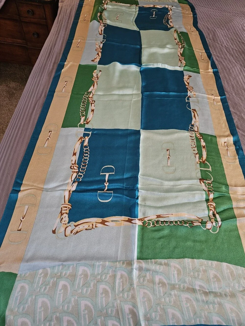 Christian Dior Vintage Silk Scarf Turquoise Equestrian Chain Trotter Monogram